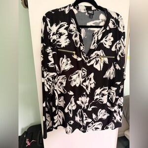 INC International Concepts Black and White Floral Zip-Front Blouse